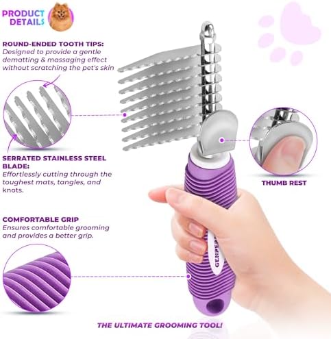 GENPEPADO Dematting Undercoat Rake Comb for Dogs & Cats with Long 2.5-In Stainless Steel Safety Blades for Removing Knots, Mats & Tangles - Pet Grooming Deshedding Brush Tool with Anti-Slip Grip