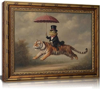 Vintage Gold Framed Whimsical Animal Wall Art, Gentleman Frog Riding Tiger Oli Painting Canvas Print, Antique Quirky Wall Decor, Anthropomorphic Fantasy Picture Poster Artwork for Bedroom Living Room