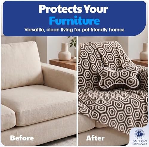 American Kennel Club 60''x50'' Pet Blanket & 10'' Pillow Set, Warm Plush Blanket for Dogs & Cats - Paw Print - Brown