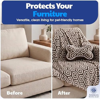 American Kennel Club 60''x50'' Pet Blanket & 10'' Pillow Set, Warm Plush Blanket for Dogs & Cats - Paw Print - Brown