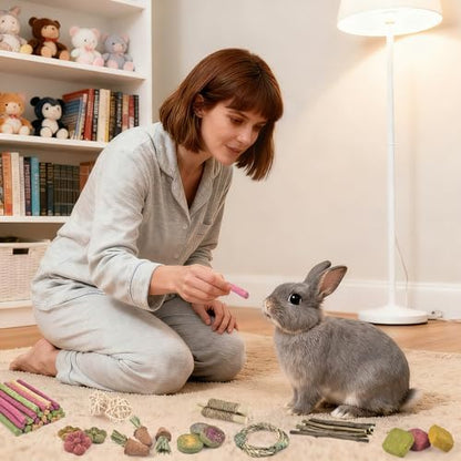 ERKOON 70PCS Rabbit Chew Toys, Natural Timothy Grass Cakes Guinea Pig Toys, Small Animal Teeth Grinding Treats for Bunny Hamster Chinchilla, Safe Dental Care Snacks