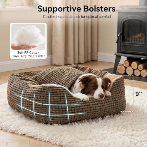 GASUR Dog Beds for Large Medium Small Dogs, Rectangle Cave Hooded Blanket Puppy Bed, Luxury Anti-Anxiety Orthopedic Cat Beds for Indoor Cats, Warmth and Machine Washable(35 inches, Brown)