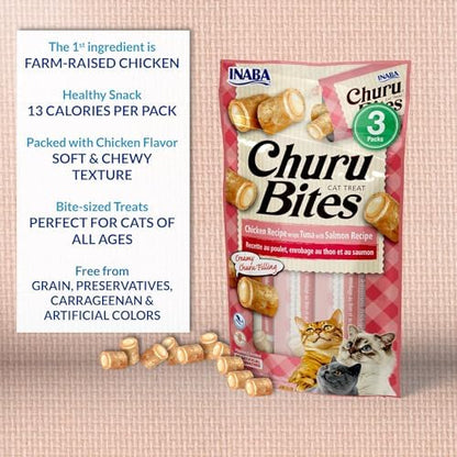 INABA Churu Bites for Cats, Soft Baked Chicken Churu Filled Cat Treats with Green Tea Extract, 0.35 Ounces Each Tube, 12 Tubes Total, 4 Flavor Variety