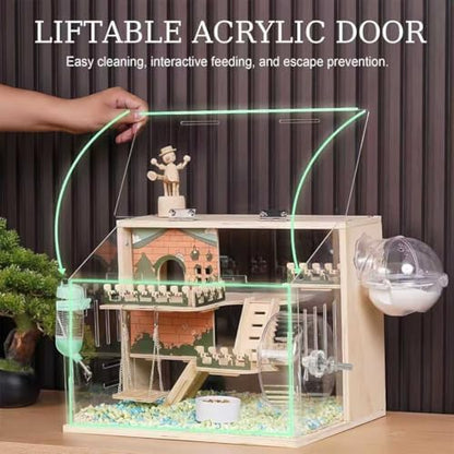 11 in 1 Wooden Hamster Cage with All Accessories, 15.8 Inch 3-Layer Dwarf Hamster Cage Acrylic,Small Animal Cages, Pastoral Style Mouse Cage for Pet Mice, Hedgehog, with Stairs, Fences and Swing