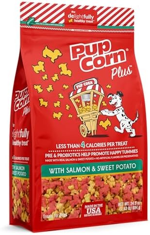Pup Corn Plus - Puffed Dog Treats with Prebiotics and Probiotics - Salmon & Sweet Potato (24oz) - Made in USA