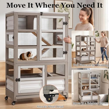 PetsCosset Guinea Pig Cages Hamster Cage Indoor 5-Level Small Animals Wooden Habitat with 8 Doors, Ramp Divider,Hideout House, Pull Out Tray