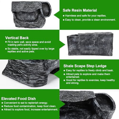 Reptile Hideout Snake Hide Cave Turtle Basking Platform with Food Bowl Shale Scape Step Ledge Climbing Platform Bearded Dragon Tank Accessories Rock Landscaping Decor for Chameleon Lizard Gecko, Large