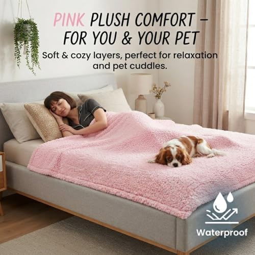 Waterproof Dog Blanket Reversible Fluffy Pet Bed Cover Pink Puppy Blankets Leakproof Sofa Couch Washable Cover Cat Pet Blanket for Warm-M