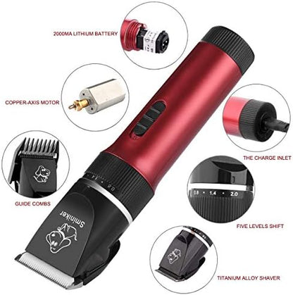 Sminiker Low Noise Horses Clippers Rechargeable Cordless Pet Clippers Grooming Kit with Storage Bag 5 Speed Professional Animal Clippers Pet Grooming Kit