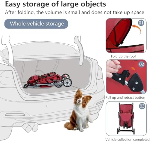 FDW | 3-Wheel Foldable Pet Stroller | Red | Lightweight & Portable