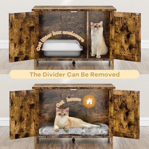 Shintenchi Cat Litter Box Enclosure, Litter Box Furniture Cabinet Hidden with Removable Divider, Wooden Cat House with End Table, Brown, 31.5 inch