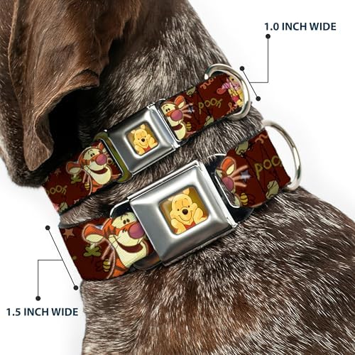 Dog Collar Seatbelt Buckle Mickey Mouse Expressions Close Up Black White 16 to 23 Inches 1.5 Inch Wide | Winnie The Pooh Character Poses Durable Metal Adjustable ID Tag Ring