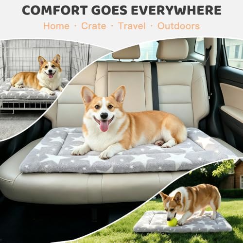 Dog Bed Mat, Reversible Crate Pad & Cute Dog Bed - Machine Washable Kennel Mat with Ultra Soft (Big&Small Stars Gray, 24" L*18" W*1.5" Th)