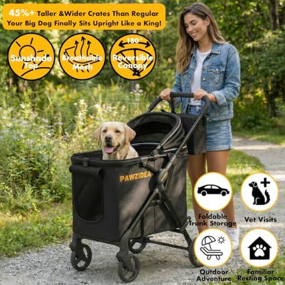PAWZIDEA Dog Stroller for Large Dogs, No-Zip 180° Canopy, One-Hand Foldable