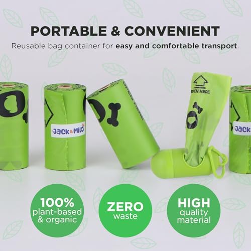 Jack & Milo Dog Waste Bags Environmentally Friendly - Reusable Bag Container - Leak Proof Dog Poop Bag - Extra Thick and Sturdy - 8 Rolls x 15 Bags