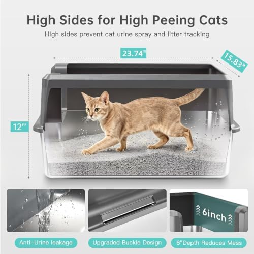 Stainless Steel Litter Box, Open Top High Sided Cat Litter Box for Big Cat