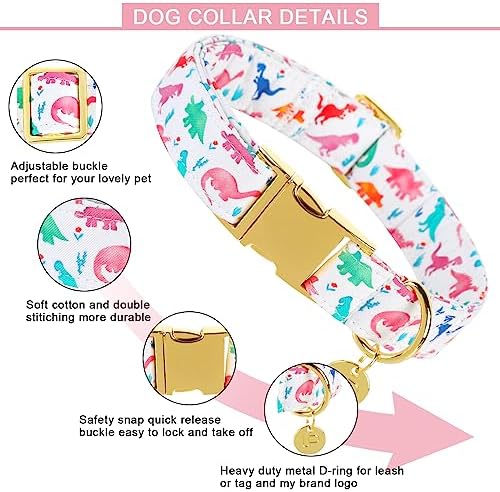 Dinosaur Summer Cotton Dog Collar with Metal Buckle Gift Collar for Small Medium Large Girls or Boys Dogs Cute Durable Comfortable Pet Collars