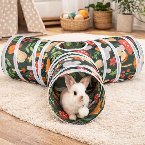 HERCOCCI Rabbit Toys, Bunny Tunnel & Tube, Collapsible 3 Way Rabbit Hideout Tunnel with Chew Toy for Bunny Guinea Pig Ferret Kitten