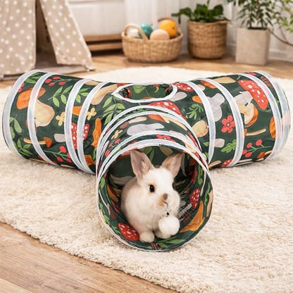 HERCOCCI Rabbit Toys, Bunny Tunnel & Tube, Collapsible 3 Way Rabbit Hideout Tunnel with Chew Toy for Bunny Guinea Pig Ferret Kitten