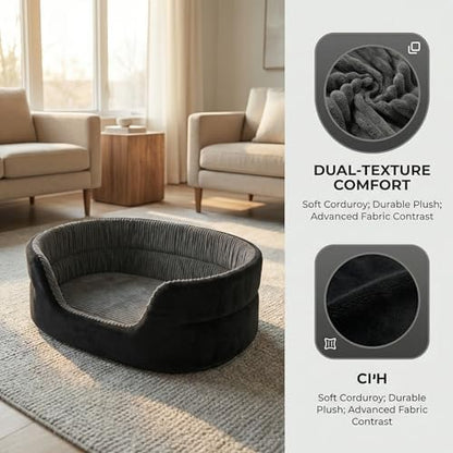 Large Dog Bed Cat Bed 20x30 Inch,Calming Pet Bed for Dogs & Cats,Machine Washable Dog Bed,Half-Enclosed Open-Top Velvet Anti-Anxiety Bed,Cozy Snuggle Bed (Black)