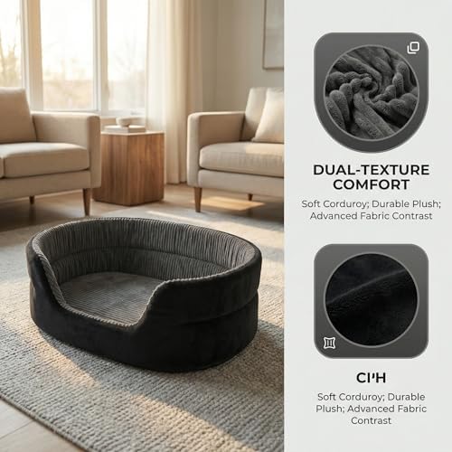 Small Dog Bed Cat Bed 16x20 Inch, Calming Pet Bed for Dogs & Cats, Machine Washable Dog Bed, Half-Enclosed Open-Top Velvet Anti-Anxiety Bed, Cozy Snuggle Bed (Black)