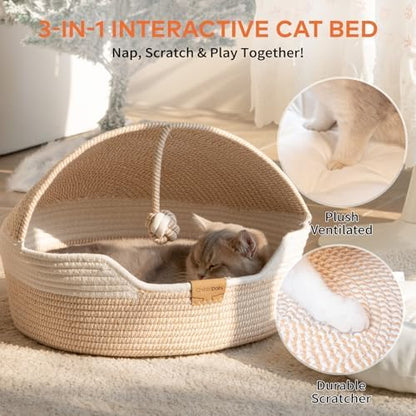 CHEERPALS Cat Basket Bed with Washable Cushion and Ball Rope Cotton, Covered Pet Bed for Indoor Cats Cave Bed Hooded, Stimulicat Cat Bed Handwoven Breathable, All Season Universal(White)