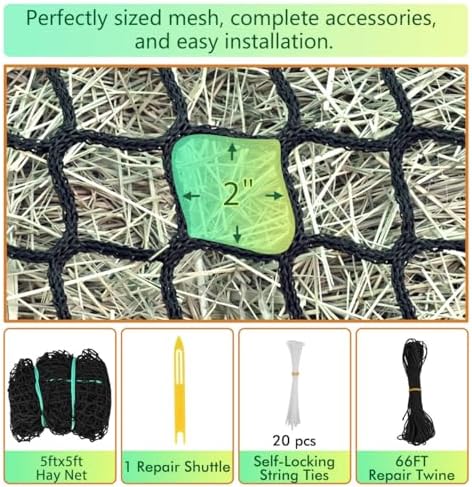 5x5 ft Round Bale Hay Net – Slow Feeder for Horses & Livestock, Extra Dense 2" Knotless Holes, Durable & Healthy Feeding Solution