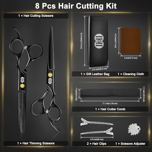 CIICII Hair Cutting Scissors Shears Kit, 6.7″ Barber Scissors Set (Black)