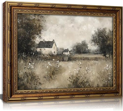 Vintage Gold Framed Wall Art, Country Cottage Landscape Oli Painting Canvas Print, Retro Neutral Rural House Picture Wall Decor, Rustic Farmhouse Poster Artwork for Nursery Bedroom Living Room