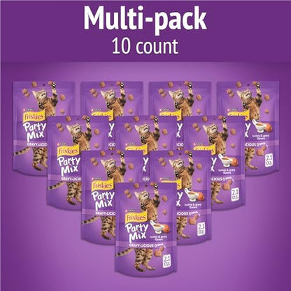 Friskies Purina Made in USA Facilities Cat Treats, Party Mix Crunch Gravylicious Turkey & Gravy Flavors - (10) 2.1 oz. Pouches