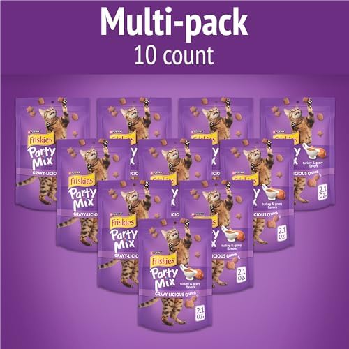 Friskies Purina Made in USA Facilities Cat Treats, Party Mix Crunch Gravylicious Turkey & Gravy Flavors - (10) 2.1 oz. Pouches