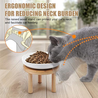 Shallow Elevated Cat Bowls with Bamboo Stand, 5.9 Inch Wide Ceramic Cat Dish Whisker Friendly, 2 Pack Pet Food and Water Plates