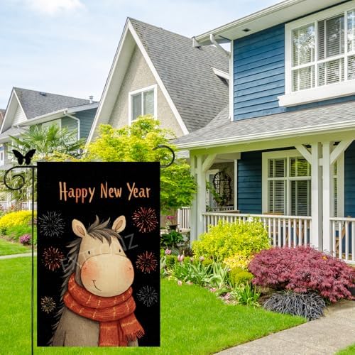 Happy New Year Garden Flag 12x18 Double Sided Vertical Linen Small Fireworks Horse House Flag Welcome Holiday Winter House Outdoor Outside Decorations (27163)