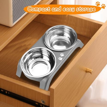 Elevated Dog Bowls for Small Dogs, 3” High Raised Dog Bowl Stand with Dual 5” Stainless Steel Bowls Non-Slip Pet Feeder for Puppy and Cats, Dishwasher Safe, Grey