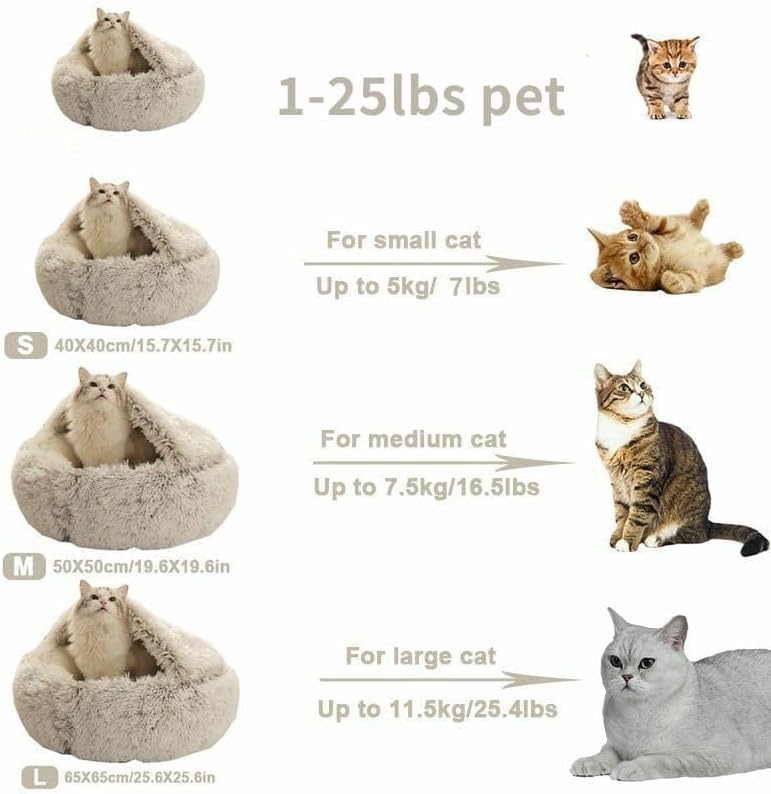 Round Fluffy Hooded Cat Bed Cave, Anti-Anxiety Cave Bed with Blanket