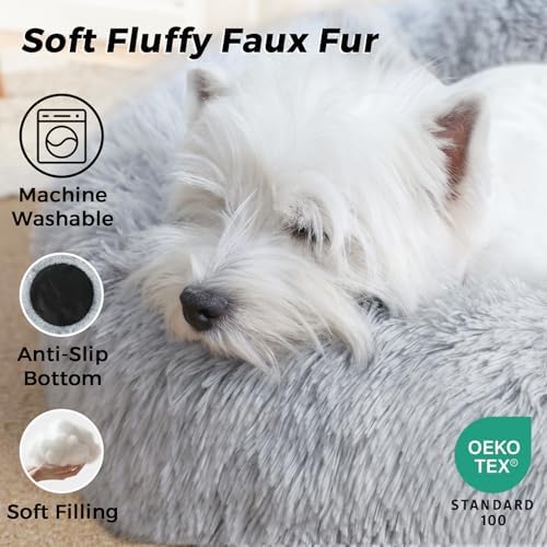 Calming Round Dog Bed & Cat Bed for Indoor Cats, Medium Size Washable Anti-Slip Anti-Anxiety Donut Dog Beds for Small Dogs & Cats, Fluffy Plush Soft Dog Bed(20 Inch, Light Grey)
