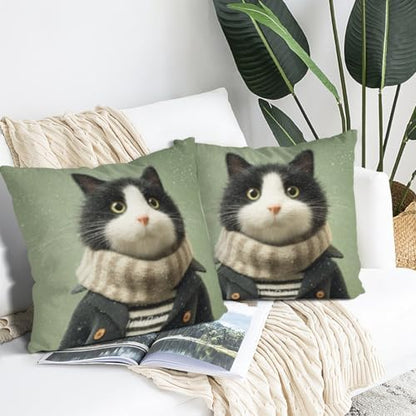 InkRain Winter Animal Cute Tuxedo Cat Pillow Cover 18x18 Inch Set of 2 Home Decor Decorative Cotton Linen Illustration Pillowcases for Living Room House Sofa