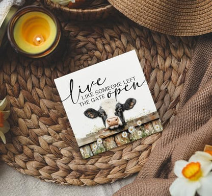 Live like Someone Left the Gate Open Cow Sign, Farm House Cottagecore Cow Wooden Signs, Rustic Farmhouse Wood Sign Home Decor, Farm Cow Decor For Office Bedroom Kitchen