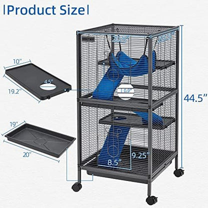 HABUTWAY 45''H Metal Small Animal Cages, Rolling Chinchilla Cage with Removable Ramps, Lagre Cage for Chinchillas/Guinea Pigs/Rabbit, Ferret Cages with Hammock & 4 Tiers, Black