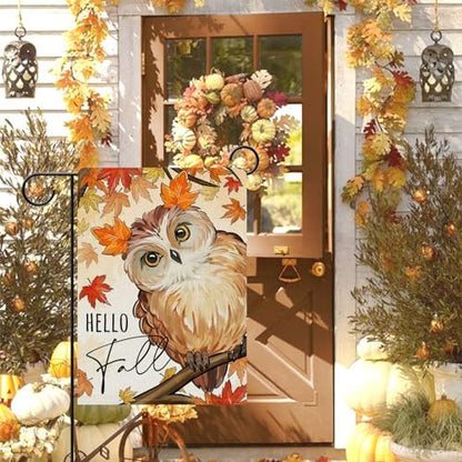 Dyrenson Hello Fall Owl Bird Decorative Garden Flag, Autumn Maple Leaves