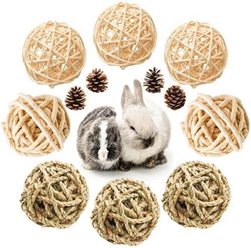 8 Pcs Small Animals Play Balls Rolling Activity Chew Toys Gnawing Treats for Rabbits Guinea Pigs Chinchilla Bunny Natural Balls, Pet Cage Entertainment Accessories (8 Pcs+ Pine Cone)