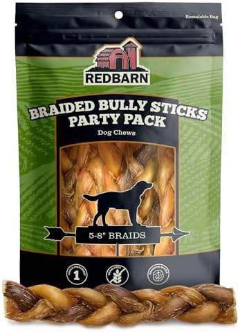 Redbarn Pet Products All Natural 5"-8" Braided Bully Sticks for Small & Large Dogs - Healthy Long Lasting Beef Chews Variety Party Pack - Single Ingredient Low Odor Rawhide Free - 8 oz Bag