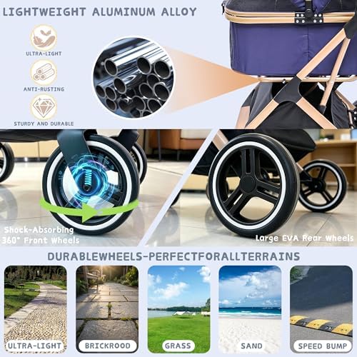 Chihuahua 3-in-1 Foldable Pet Stroller 4-Wheel for Small Dogs,Navy Blue