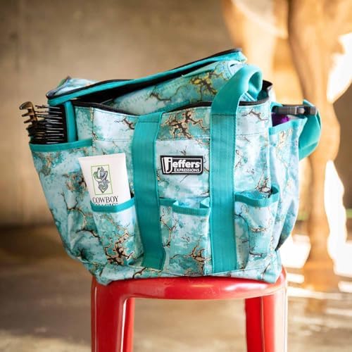 Jeffers Expression Deluxe Horse Grooming Bag – Large Zip Top Equestrian Tote w/Multiple Pockets, Handles & Adjustable Shoulder Strap, Padded Feet, Barn Essentials 11.5"x10.5"x8.5" - Bisbee Blue