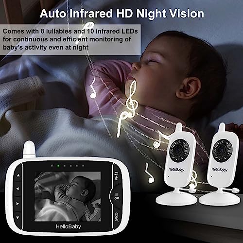 HelloBaby Baby Monitor with 2 Cameras, Baby Monitor No WiFi, Baby Monitor with Camera and Audio,Video Baby Monitor, Night Vision 2-Way Audio, Fully Remote Pan & Tilt, 2X Zoom, ECO Mode, 8 Lullabies
