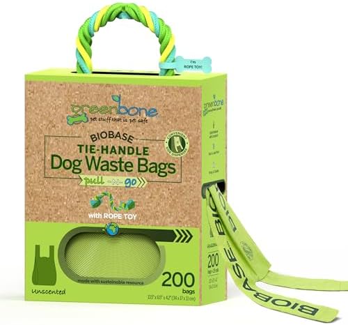 Greenbone Poop Bags for Dogs with Handles Unscented with Bonus Rope Pet Toy, 200 Count on Single Roll, Plant Based