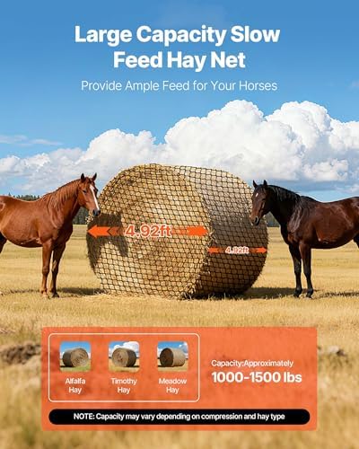 VEVOR Round Bale Hay Net, 4.92 x 4.92 x 4.92 ft, 1.5 inch Holes, PE Material, Knotless Design, with Zip Ties, Needle Shuttle, Repair Twine and Storage Bag, Slow Feeder Round Bale Net for Horses