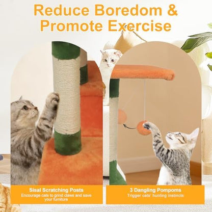 DORTALA Cat Tree for Indoor Cats, 58" Tall Cat Tower with Top Perch, Condo, Hammock, Sisal Scratching Posts, 3 Dangling Balls, Platforms, Multi-level Pet Climbing Furniture Playground (Green & Orange)
