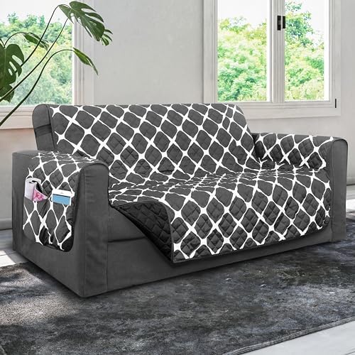 Elegant Comfort Quilted Furniture Protectors Solid and Printed Design Reversible Slipcovers Featuring Elastic Straps and Smart Pockets Great for Pets, Kids and More, Bloomingdale Sofa, Gray/Black