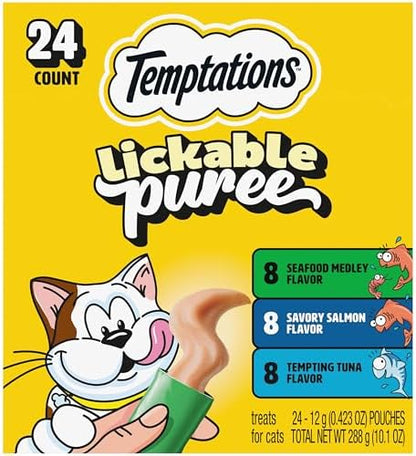 Temptations Creamy Puree Lickable Cat Treats, Seafood Variety, 24 Count